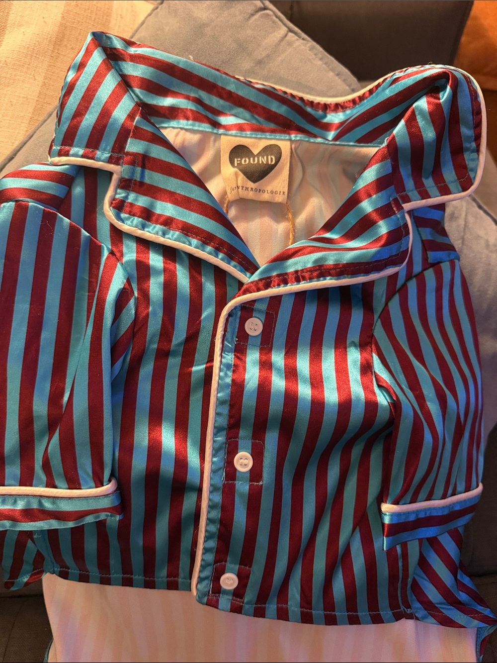 Anthropologie Dogs Turquoise & Burgundy Striped Satin Button-Front Top
